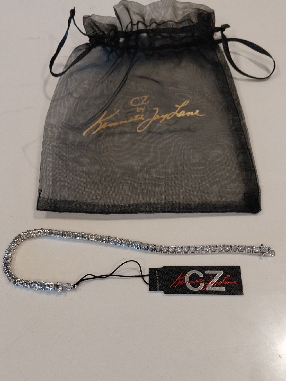 Kenneth Jay Lane Silver CZ Tennis Necklace with Branded Pouch